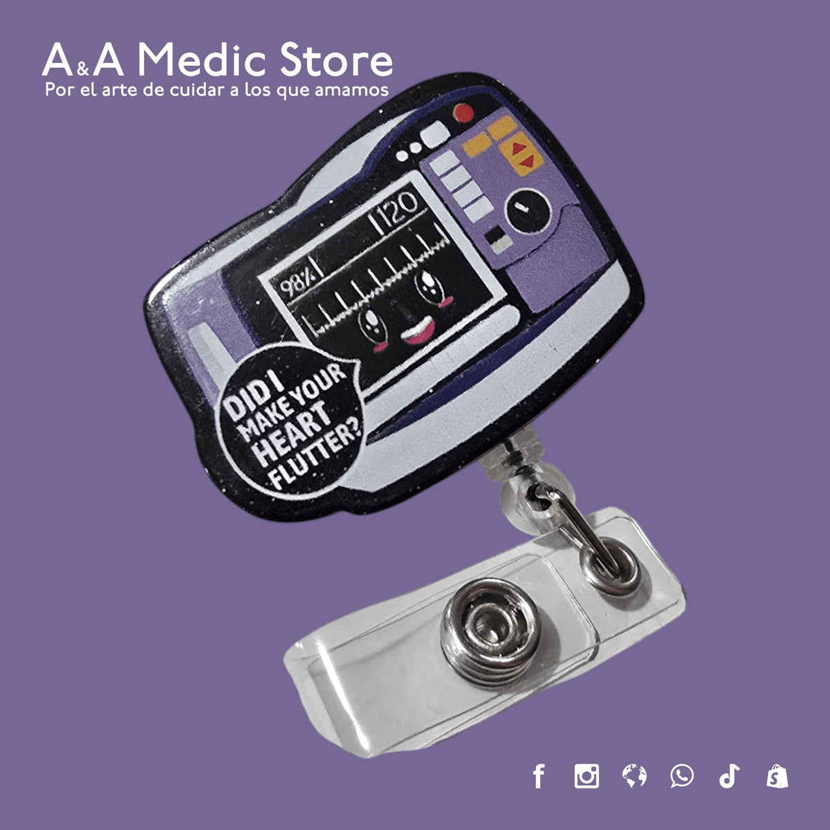 A&A Medic Store acrylic retractable badge reel featuring a cute cartoon heart monitor design for healthcare workers.