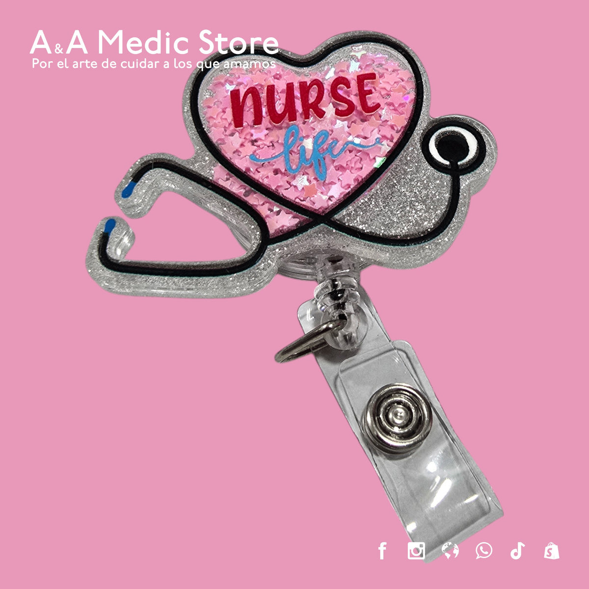 A&A Medic Store acrylic retractable badge reel featuring a heart-shaped stethoscope design with pink glitter.