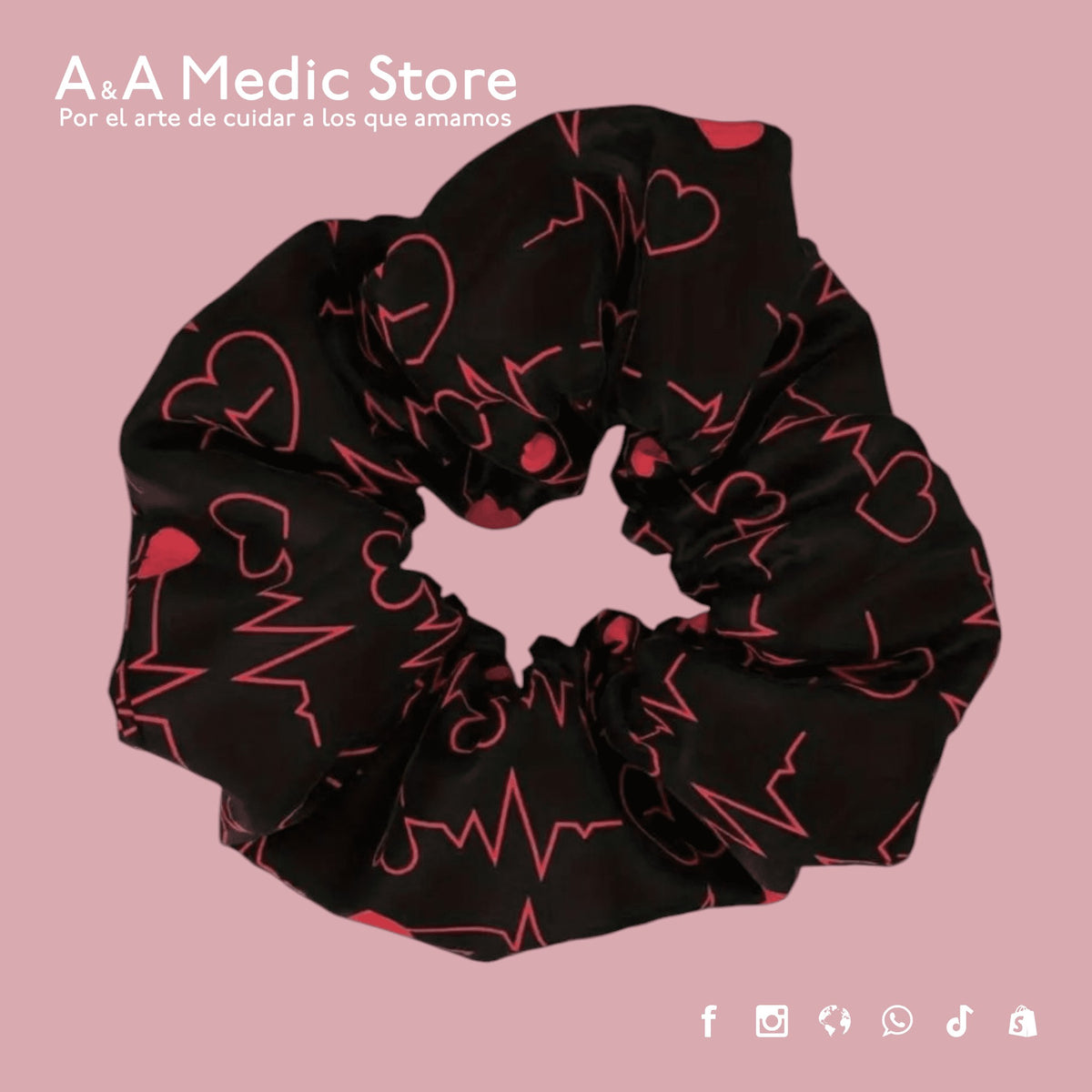 A&A Medic Store black hair scrunchie featuring a red EKG heart rhythm pattern for healthcare professionals