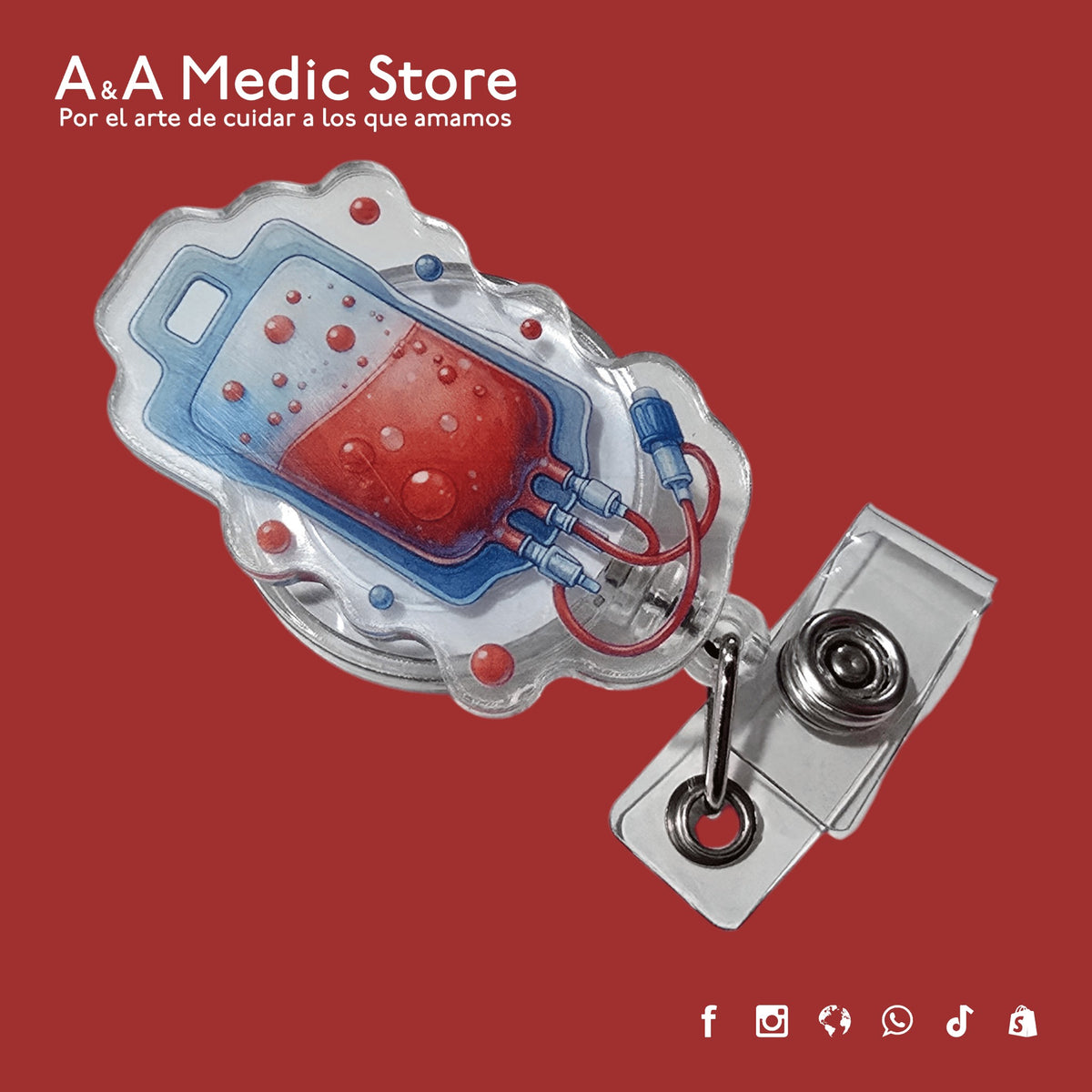 A&A Medic Store acrylic retractable badge reel featuring a blood bag design for healthcare professionals