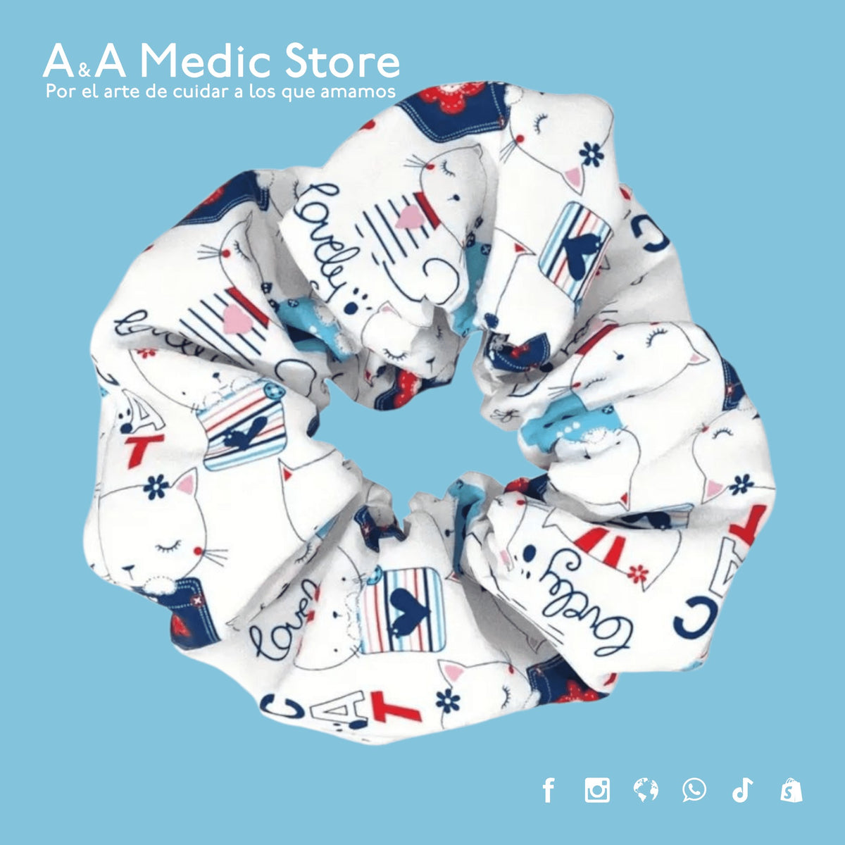 A&A Medic Store white fabric hair scrunchie with a cute cat and heart pattern for healthcare professionals