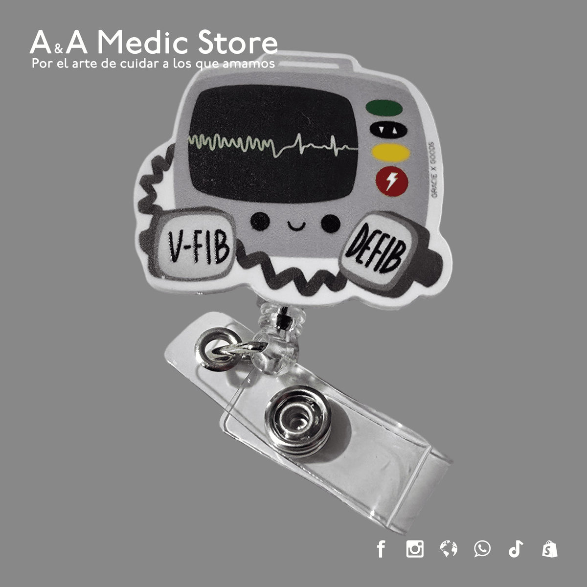 A&A Medic Store acrylic retractable badge reel featuring a cute defibrillator design for medical professionals
