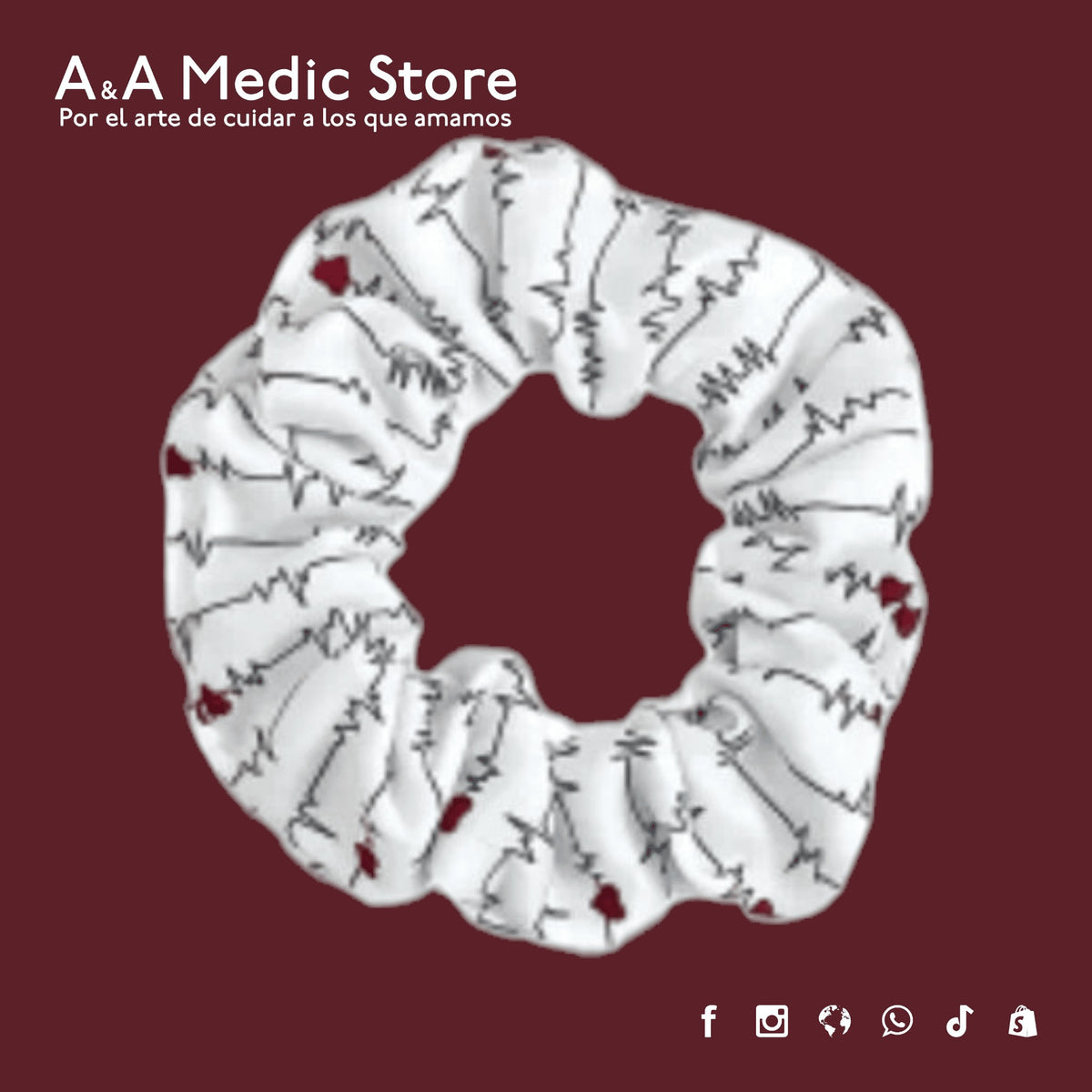 A&A Medic Store white hair scrunchie featuring a black EKG heartbeat pattern for healthcare professionals.