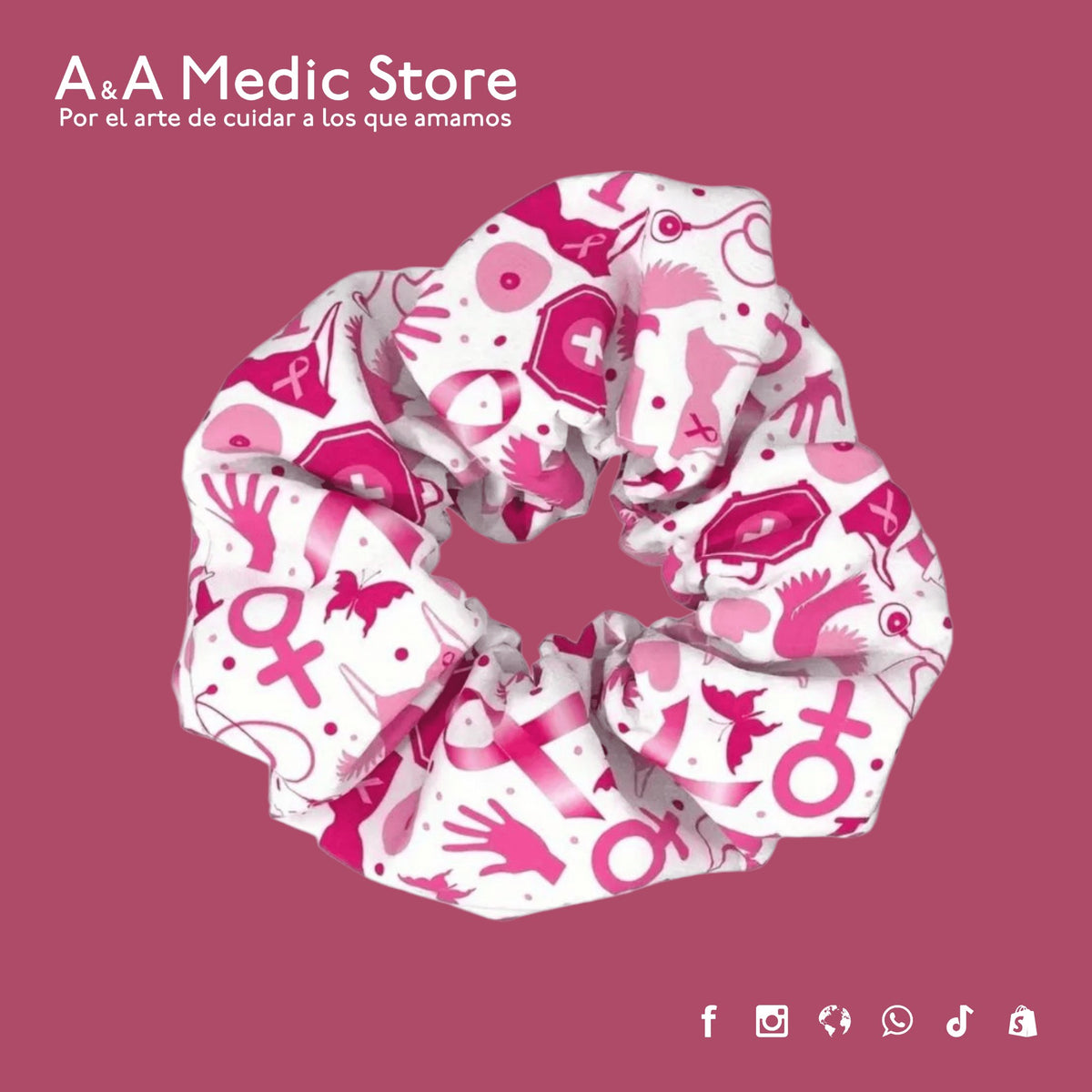 A&A Medic Store white fabric hair scrunchie featuring a pink medical-themed print with symbols for healthcare workers.