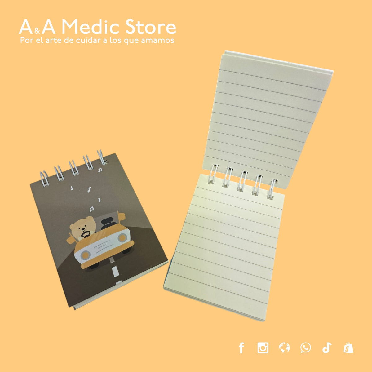 A&A Medic Store mini spiral flip-top medical notebook with a cute bear driving a car illustration on the cover