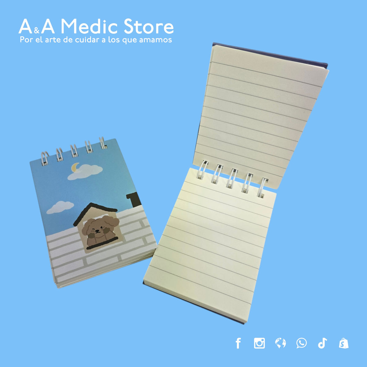 A&A Medic Store mini flip-top medical notebook with a cute dog illustration on the cover and lined interior pages.