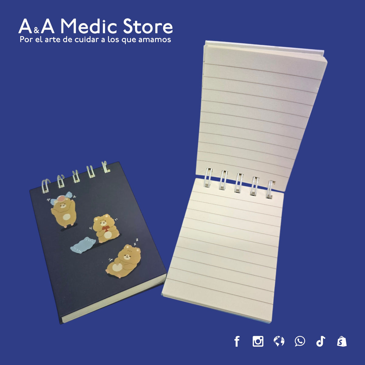 A&A Medic Store mini medical notepad with flip-top spiral binding and lined pages featuring cute bear illustrations.