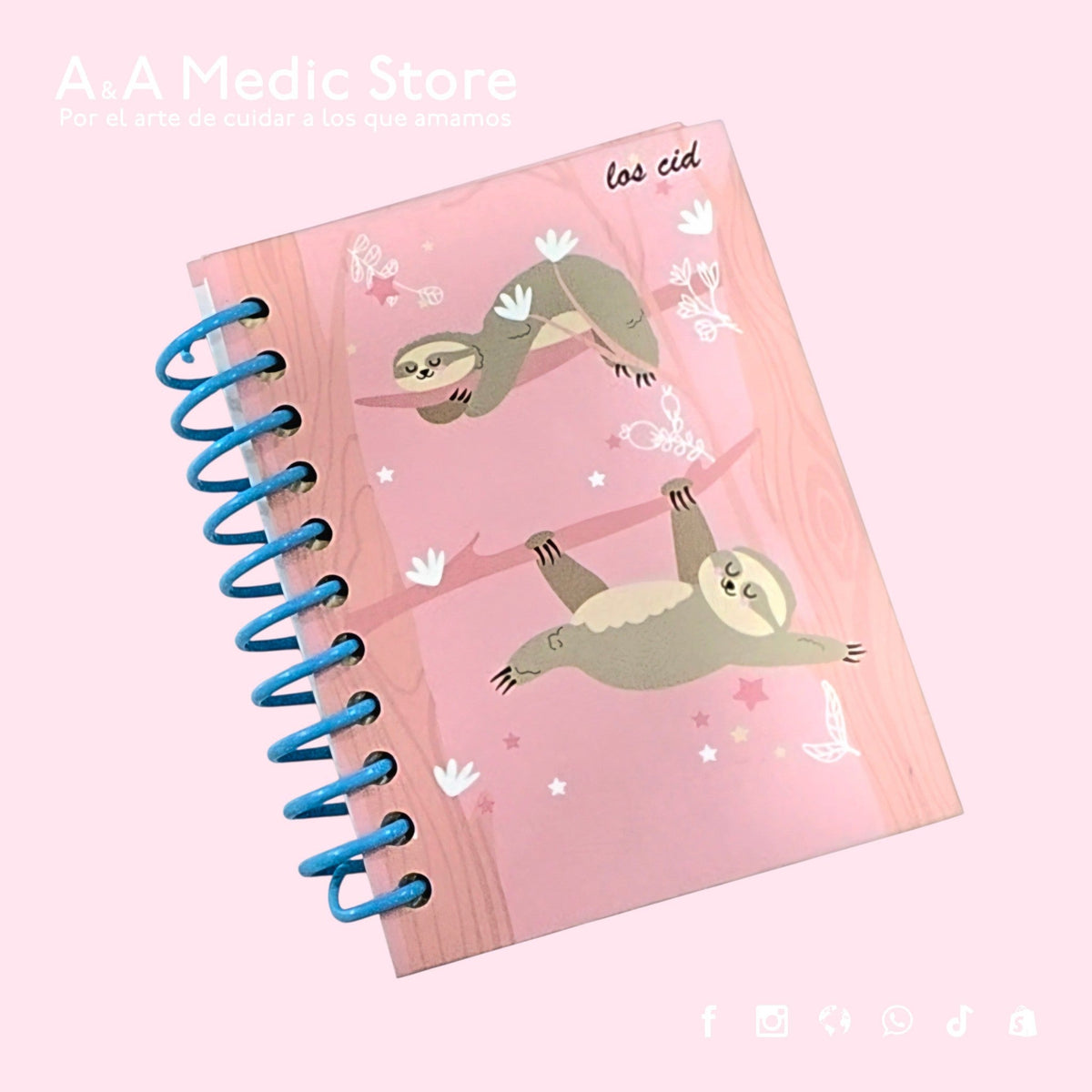 A&A Medic Store mini spiral notebook with a pink sloth pattern, perfect for medical professionals and students.