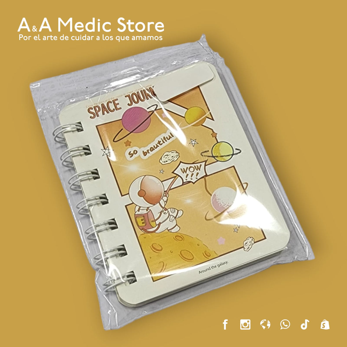 A&A Medic Store mini spiral-bound medical notebook with a space-themed astronaut cover in a protective plastic sleeve