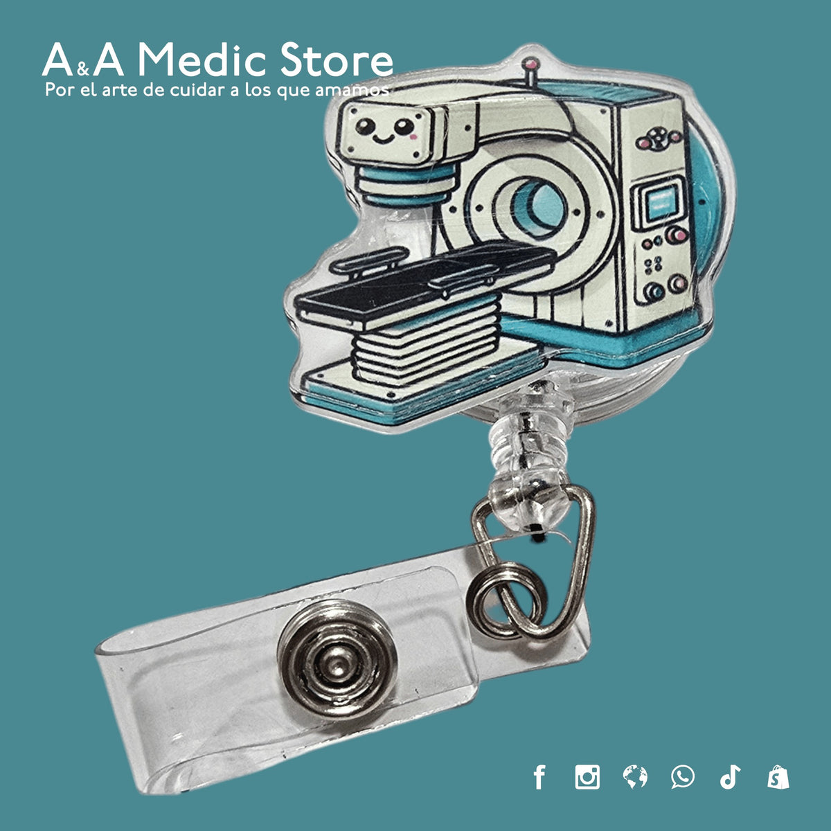 A&A Medic Store retractable acrylic badge reel featuring a cute cartoon MRI machine design for medical professionals.