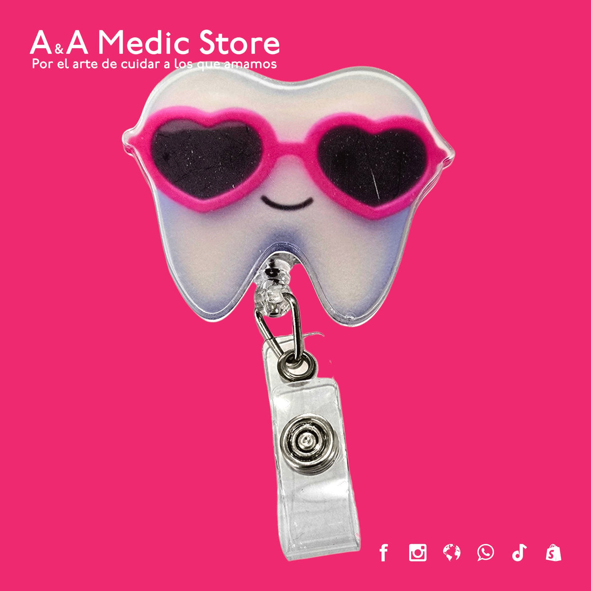 A&A Medic Store acrylic retractable badge reel featuring a cute tooth character wearing heart-shaped sunglasses