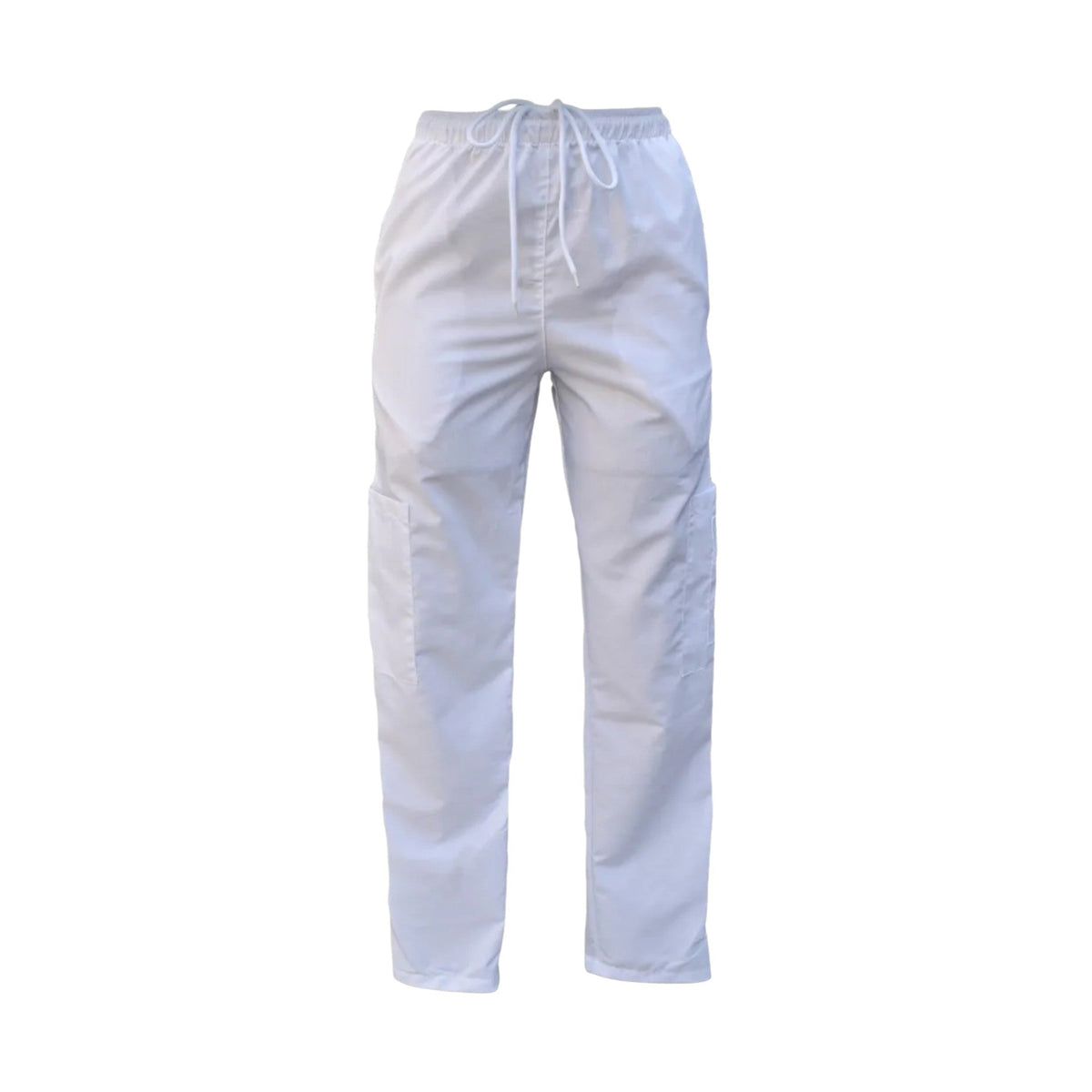 A&A Medic Store white straight-cut medical scrub pants for men made of fluid-repellent fabric with a drawstring waist