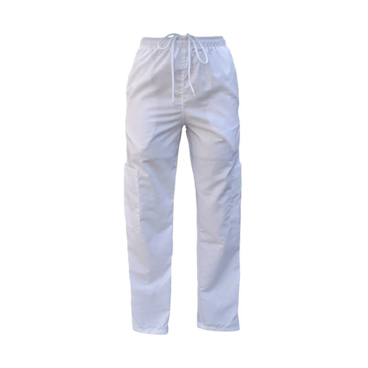 A&A Medic Store white straight-cut medical scrub pants for men made of fluid-repellent fabric with a drawstring waist