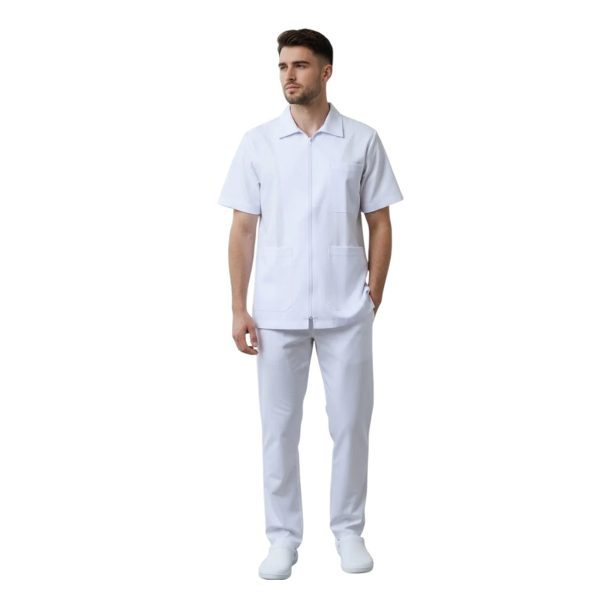 A&A Medic Store white fluid-repellent medical scrub set with short-sleeved zip-up top and straight-leg trousers.