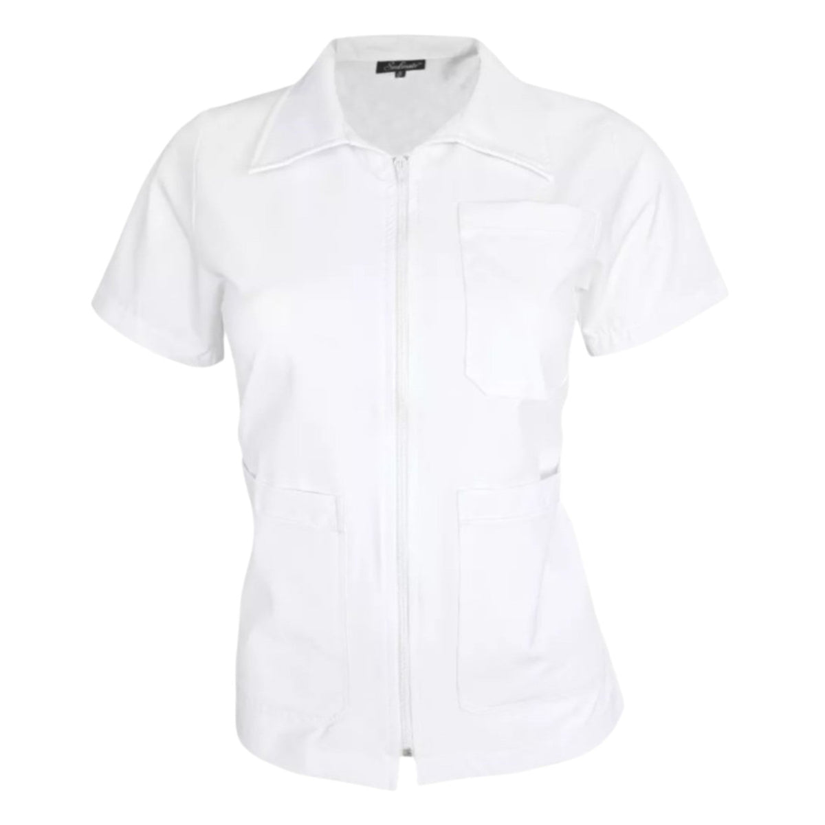 A&A Medic Store white women's clinical scrub top with front zipper, collar, and pockets for medical professionals.