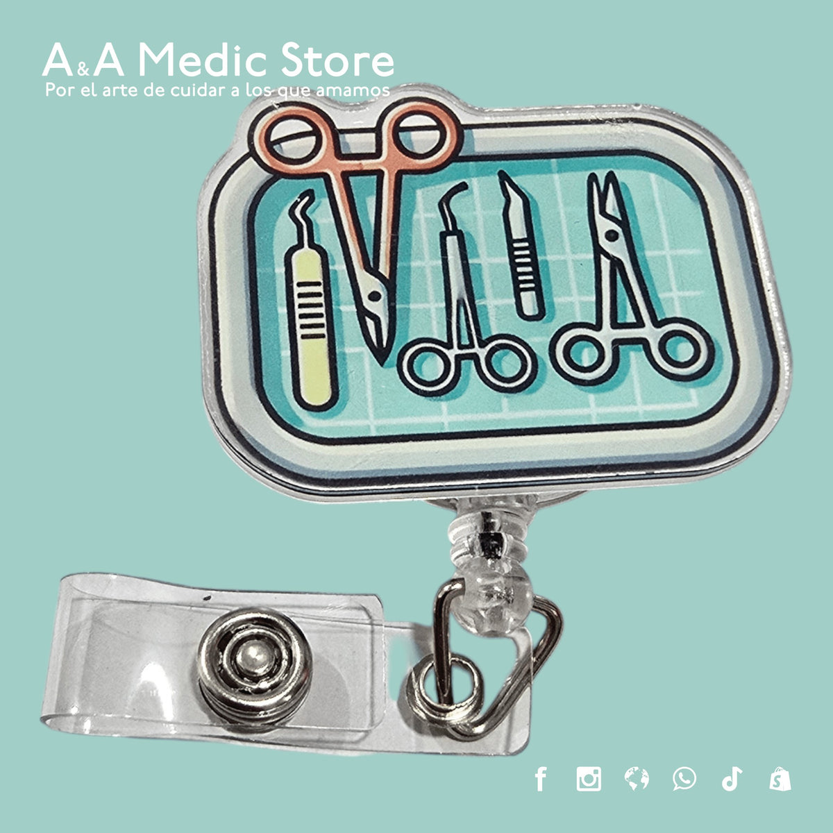 A&A Medic Store acrylic retractable badge reel featuring a medical surgical instrument tray design on a blue background