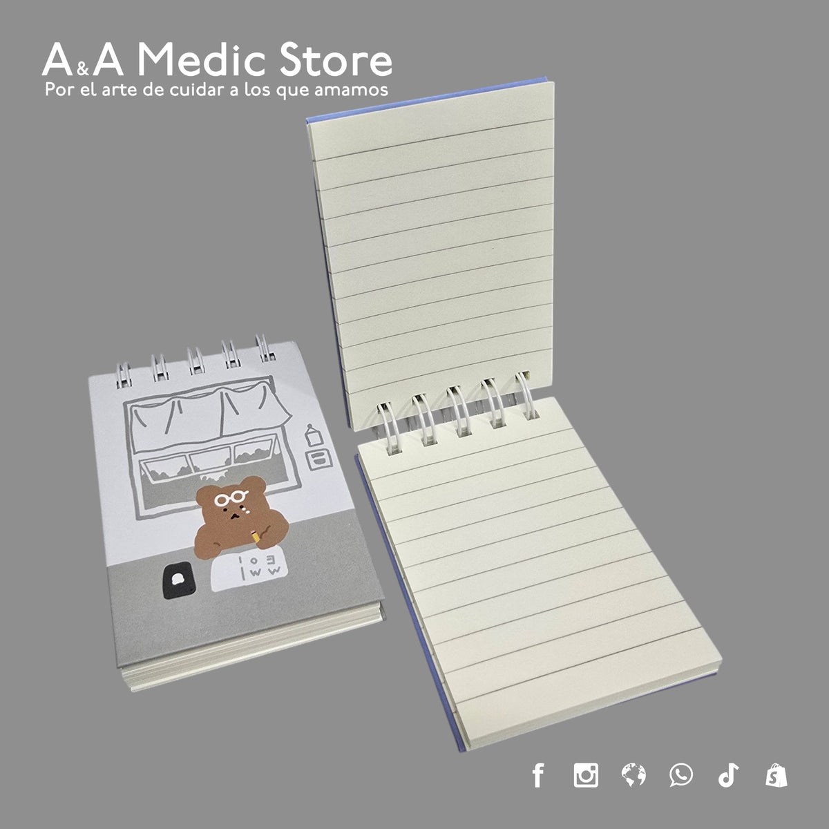 A&A Medic Store mini flip-top medical notebook with lined paper and a cute bear illustration on the cover